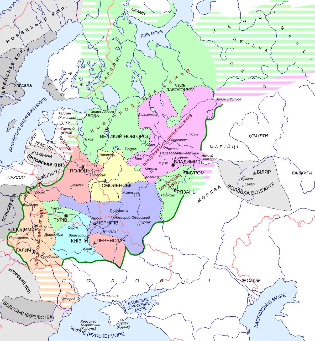 Карта руських князівств у 1237 році з Галицько-Волинським князівством на заході