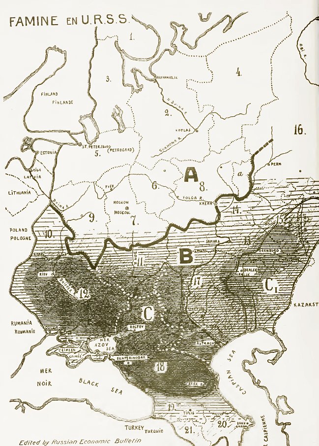 Карта голоду в СРСР 1933 року: найтемніше заштриховані Україна та Північний Кавказ