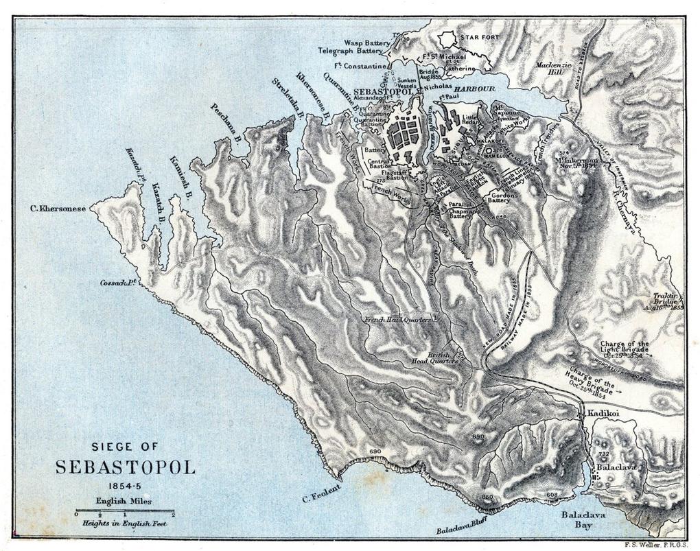 Стара карта облоги Севастополя 1854–1855 років із Балаклавою і залізницею до позицій