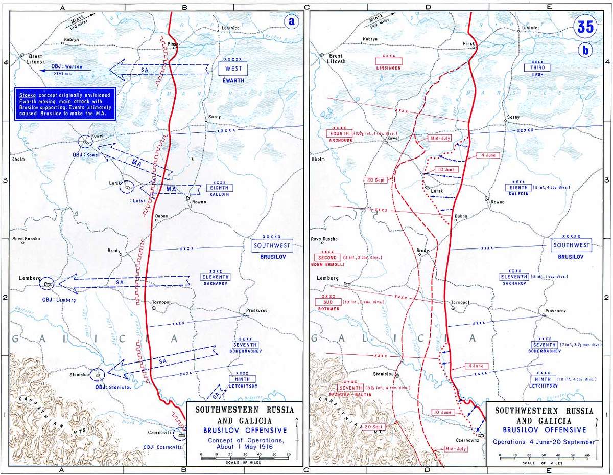 Карта Брусиловського прориву 1916 року: задум наступу і лінії фронту на Волині й Галичині