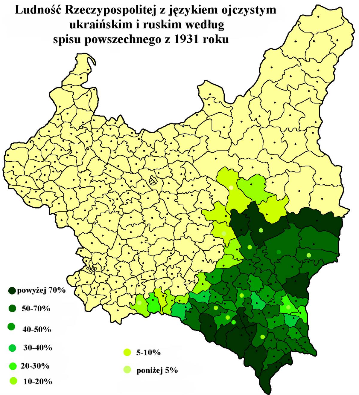 Карта Польщі за переписом 1931 року: частка українськомовного населення за повітами
